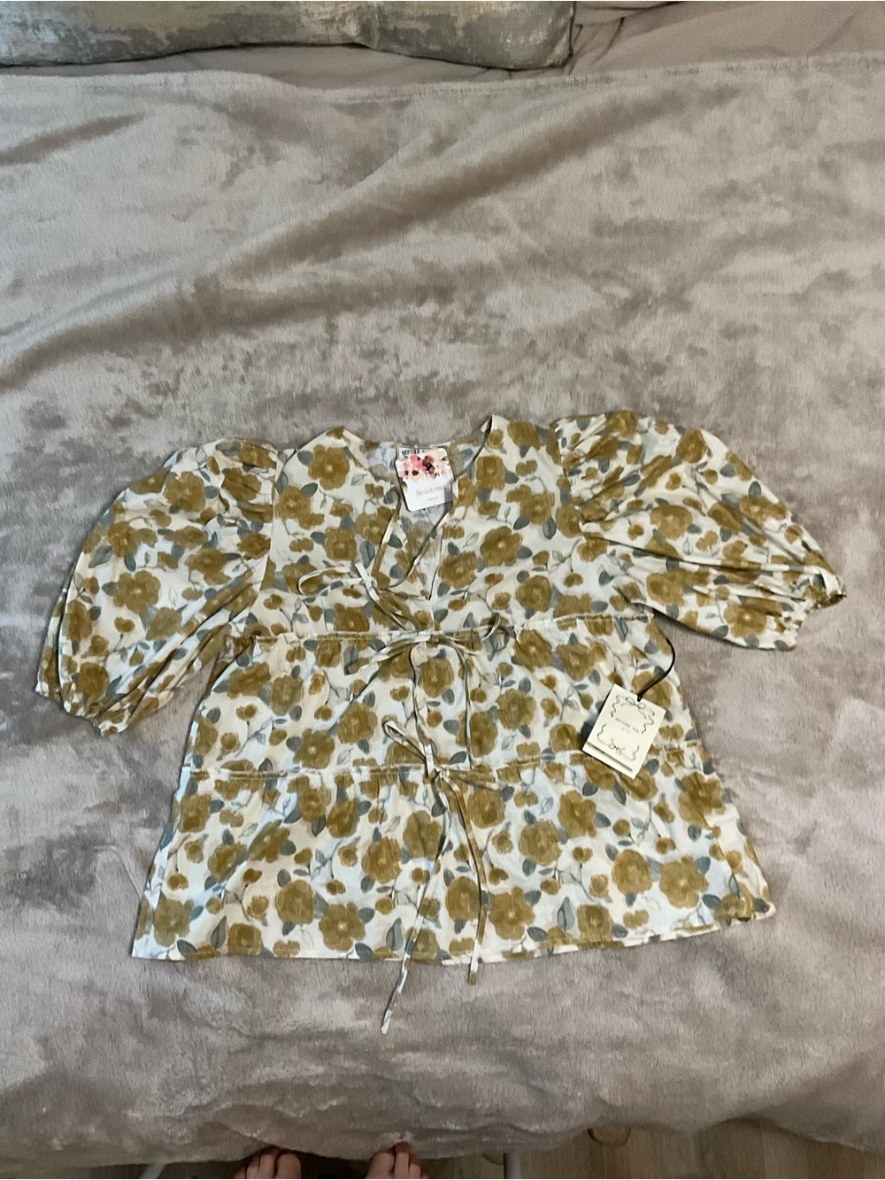 Floral Tie-Front Peplum Blouse - Mustard on White